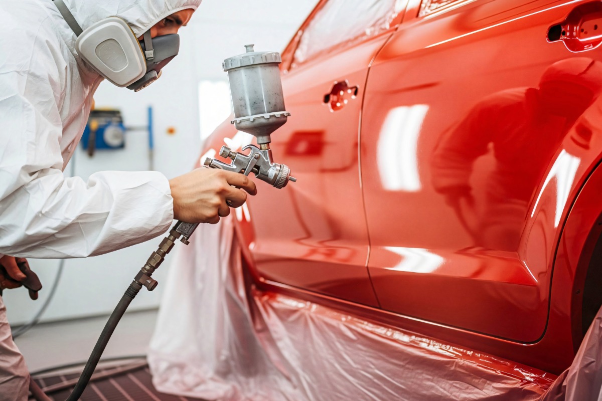 Auto body technician painting a red car in a collision repair facility, showcasing modern equipment and professional service.