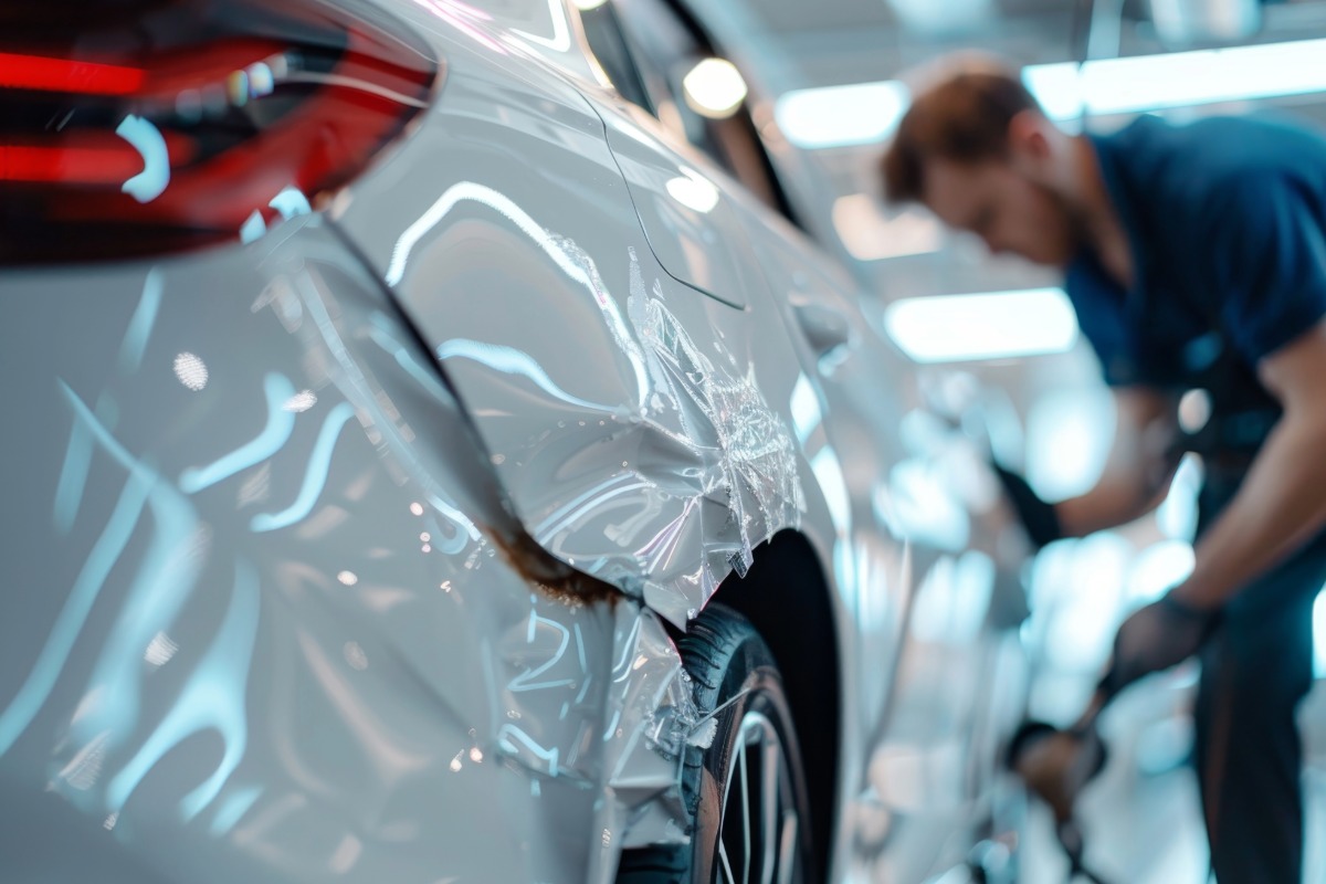 White car with visible damage being repaired in a modern collision repair facility, emphasizing quality service and vehicle restoration at Lake Area Collision.